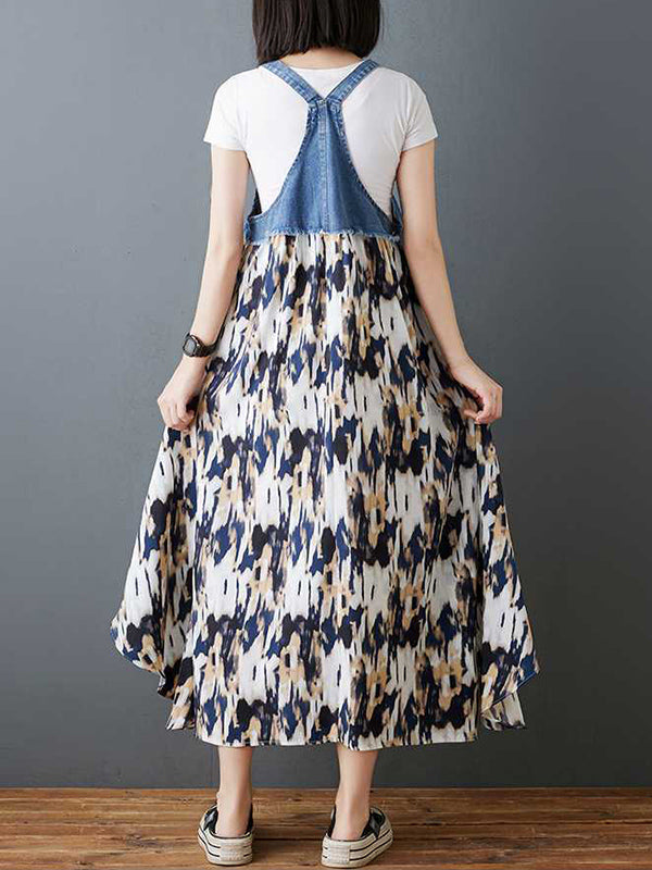Flower Print Pockets Split-Joint Loose Plus Size Spaghetti-Neck Suspender Dress Maxi Dresses