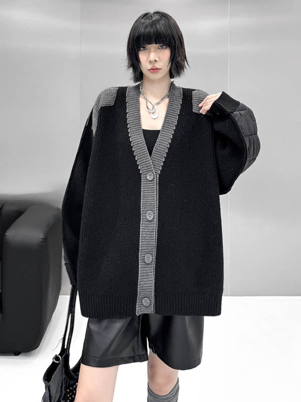 Buttoned Contrast Color Reversible Split-Joint Long Sleeves Loose Collarless Outerwear Cardigan Tops