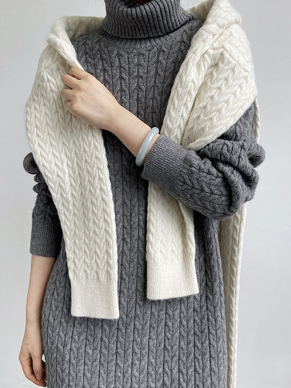 Stylish Loose Long Sleeves Solid Color High-Neck Twist Sweater Dresses