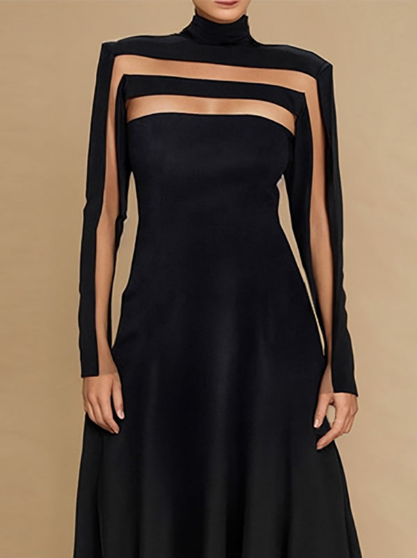 Mesh Solid Color Split-Joint A-Line Long Sleeves High Neck Maxi Dresses