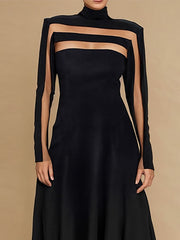 Mesh Solid Color Split-Joint A-Line Long Sleeves High Neck Maxi Dresses