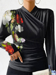 Flower Print Pleated Split-Joint Long Sleeves Skinny V-neck T-Shirts Tops