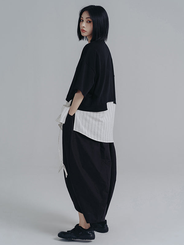 Urban Striped Drawstring Split-Joint False Two Split-Joint T-Shirt