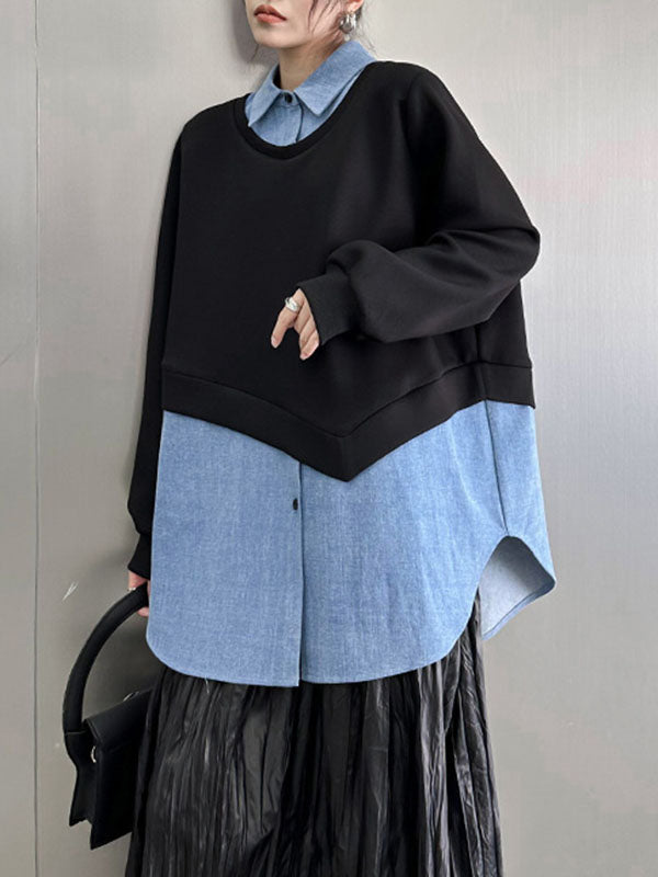 Asymmetric Buttoned Contrast Color Split-Joint False Two Long Sleeves Lapel Sweatshirt Tops