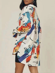 Buttoned Figure Printed Split-Side High-Low Long Sleeves Lapel Blouses&Shirts Tops