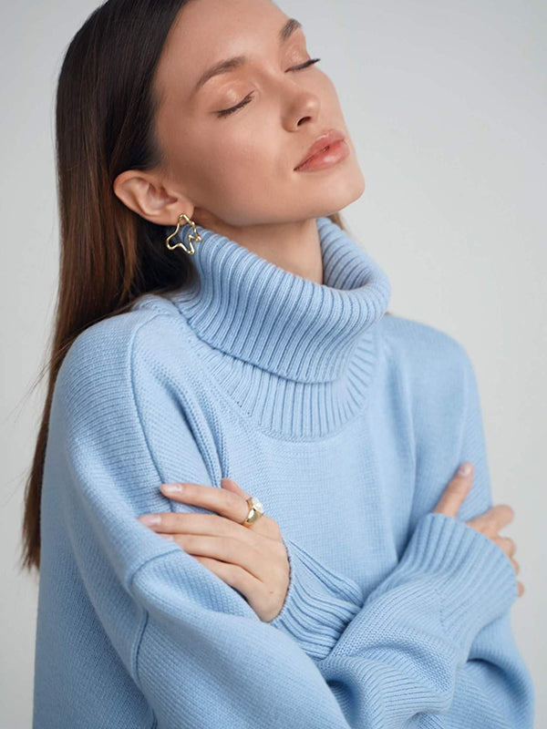 Casual Long Sleeves Loose Solid Color High-Neck Sweater Tops