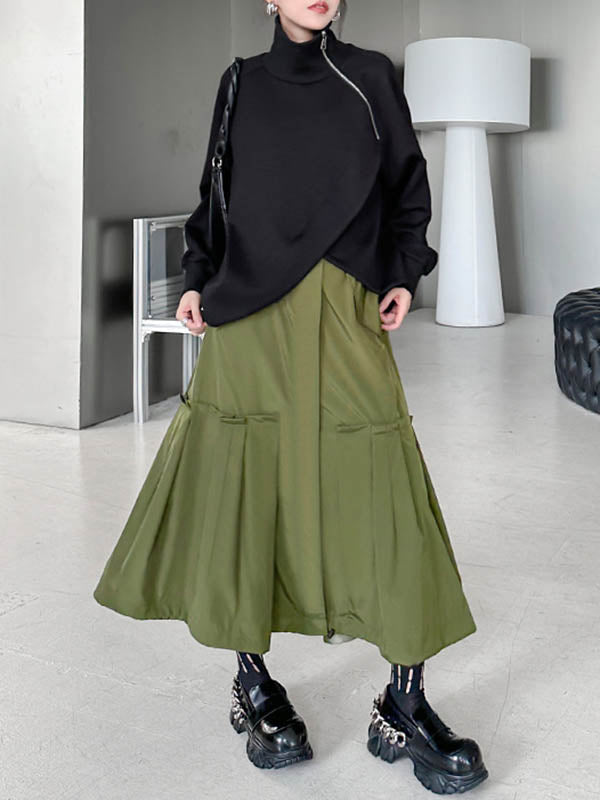 Asymmetric Split-Joint Zipper Long Sleeves Loose High Neck Sweatshirt Tops