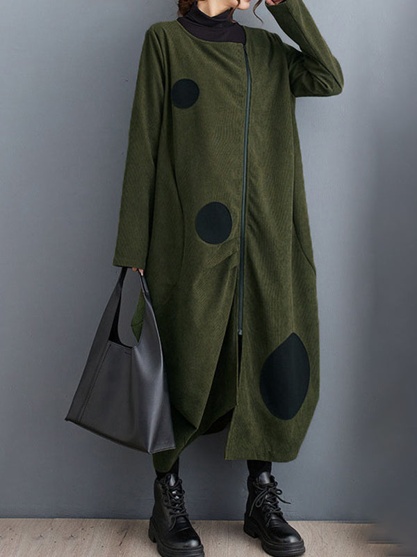 Asymmetric Pleated Polka-Dot Split-Joint Zipper Long Sleeves Loose High-neck Outerwear Midi Dresses