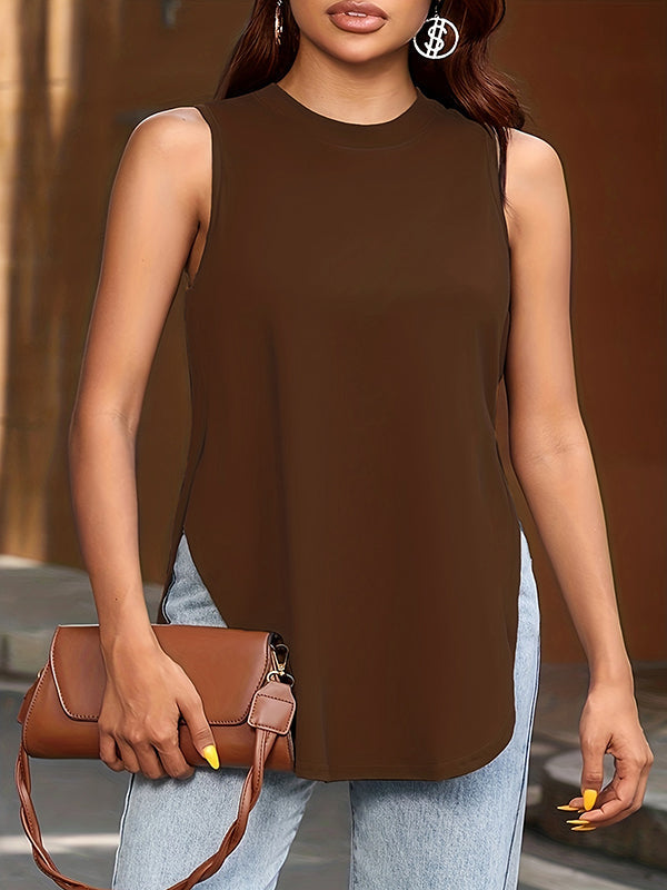 Solid Color Split-Side Loose Sleeveless Round-Neck Vest Top Cover-Ups Tops