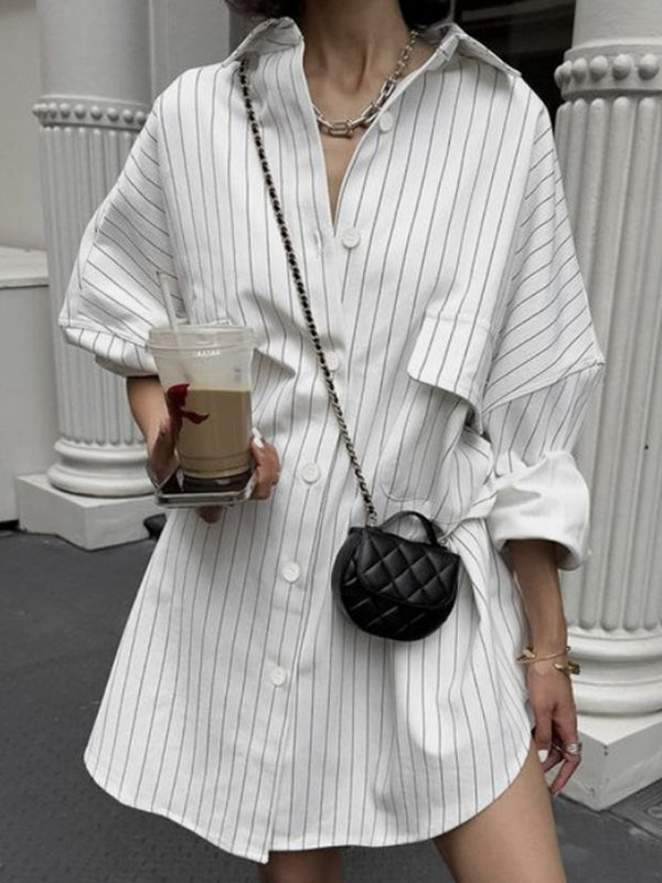 Buttoned Striped Long Sleeves Loose Lapel Blouses&Shirts Tops
