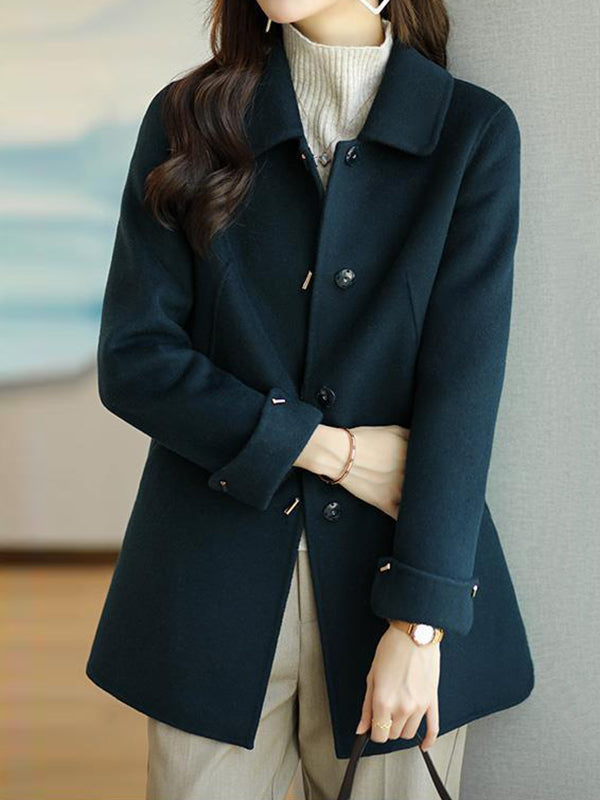 Buttoned Pockets Solid Color Long Sleeves Loose Lapel Woolen Coat