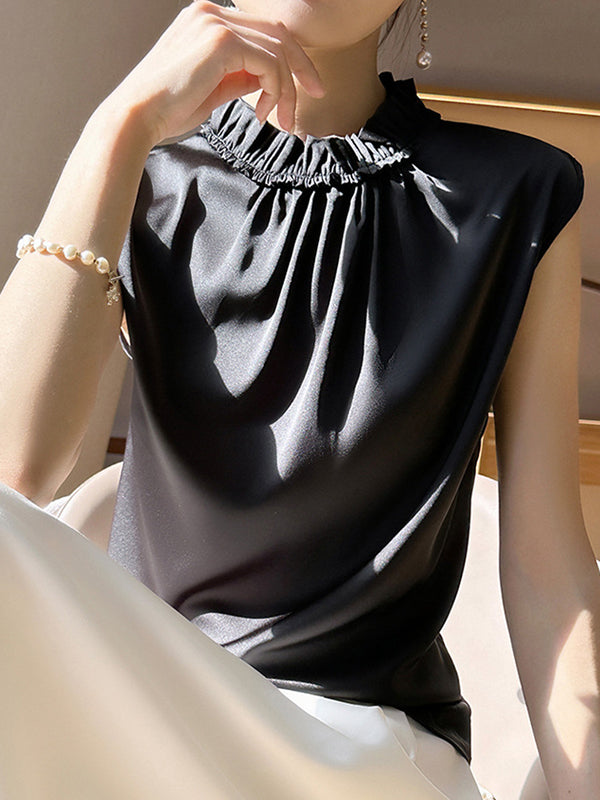 Pleated Ruffle Trim Solid Color Loose Sleeveless Stand Collar Vest Top
