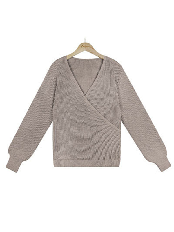 Casual Long Sleeves Solid Color V-Neck Sweater Tops