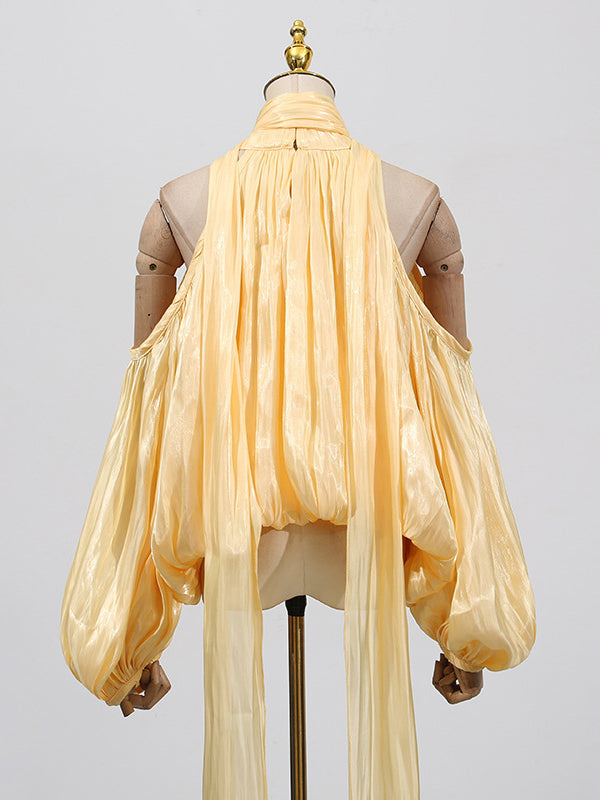 Pleated Solid Color Tied Long Sleeves Loose Halter-Neck Blouses&Shirts Tops