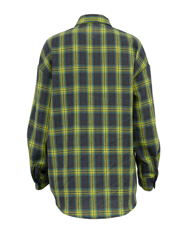 Buttoned Plaid Pockets Split-Joint Long Sleeves Loose Lapel Blouses&shirts Tops