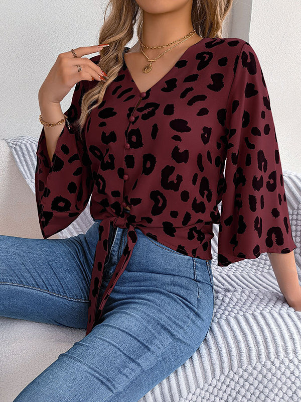 Buttoned Leopard Tied Flared Sleeves Half Sleeves V-Neck Blouses&Shirts Tops