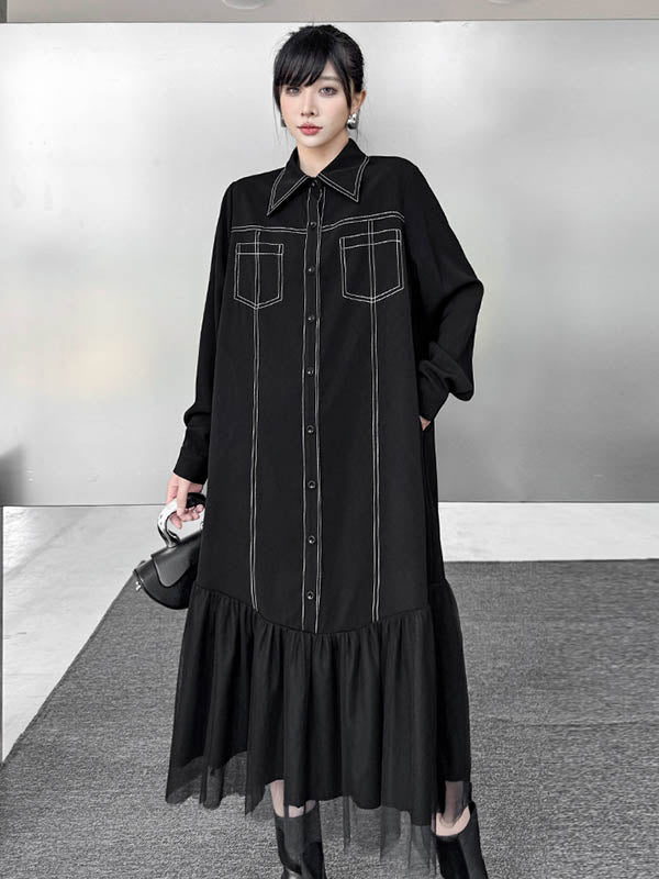 Asymmetric Buttoned Line Solid Color Split-Joint Irregularity Long Sleeves Lapel Shirt Dress Midi Dresses