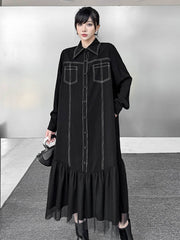 Asymmetric Buttoned Line Solid Color Split-Joint Irregularity Long Sleeves Lapel Shirt Dress Midi Dresses