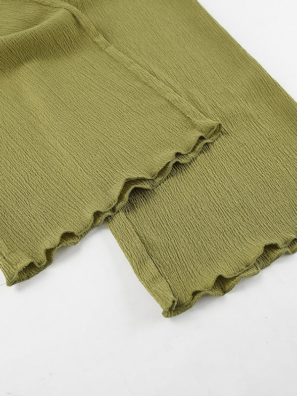 Solid Color Loose Pleated Halter-Neck Vest Top + High Waisted Pants Bottom Two Pieces Set
