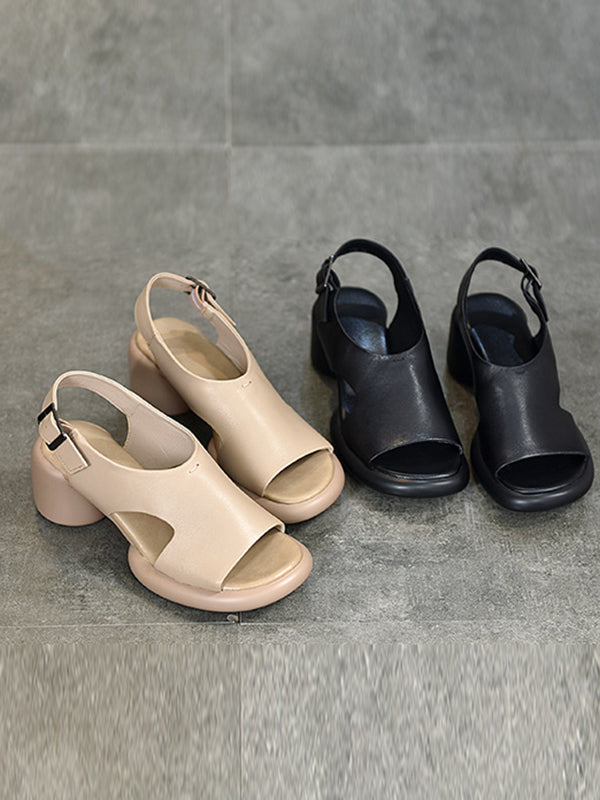 Hollow Open Toe Solid Color Block Heel Sandals