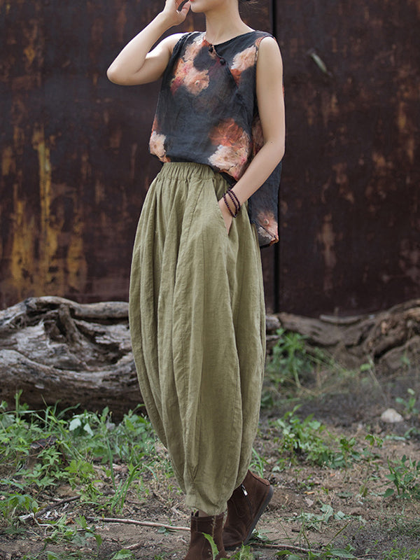 Elasticity Pleated Pockets Solid Color Split-Joint Bloomers Loose Casual Pants Bottoms
