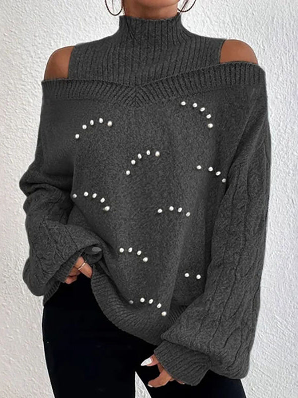 Beaded Hollow Long Sleeves Loose High Neck Sweater Tops