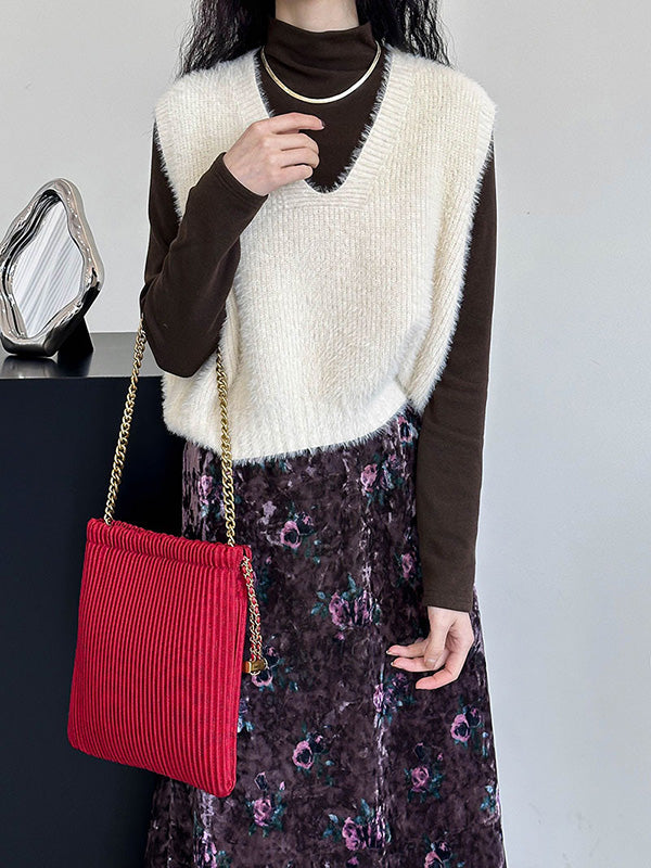 Solid Color Split-Joint High-low Loose V-neck Vest Top Knitwear
