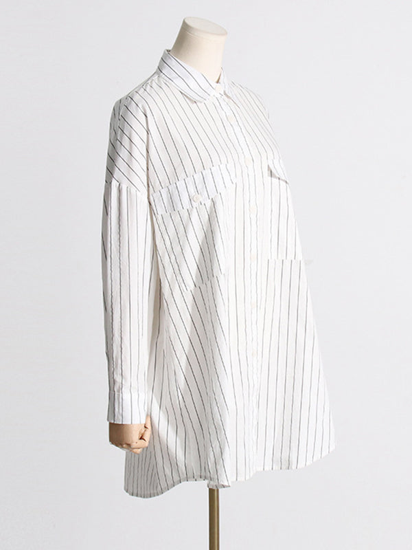 Buttoned Pockets Striped Long Sleeves Loose Lapel Blouses&shirts Tops