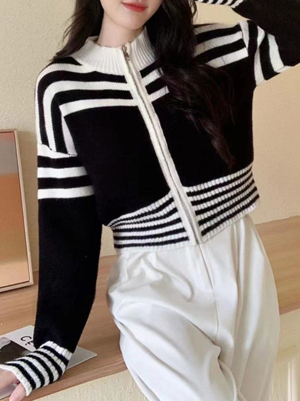 Contrast Color Striped Zipper Long Sleeves Mock Neck Cardigan Tops