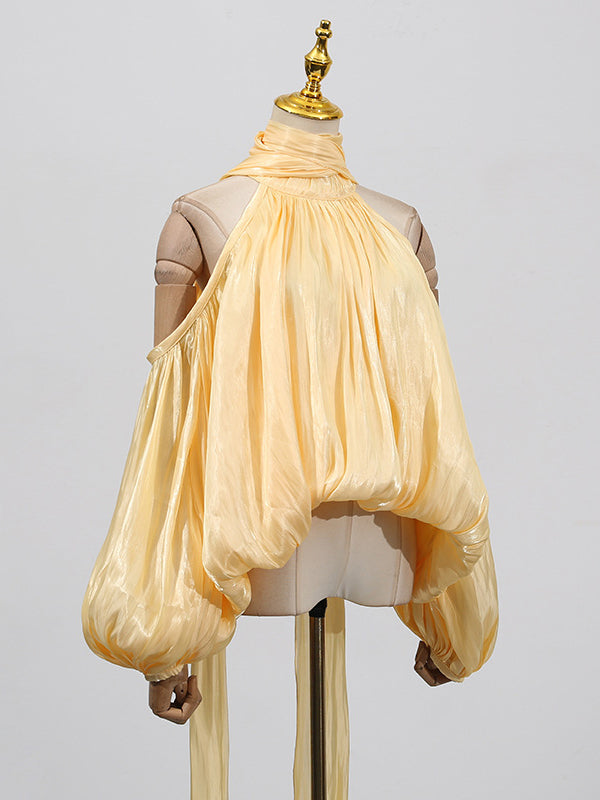 Pleated Solid Color Tied Long Sleeves Loose Halter-Neck Blouses&Shirts Tops