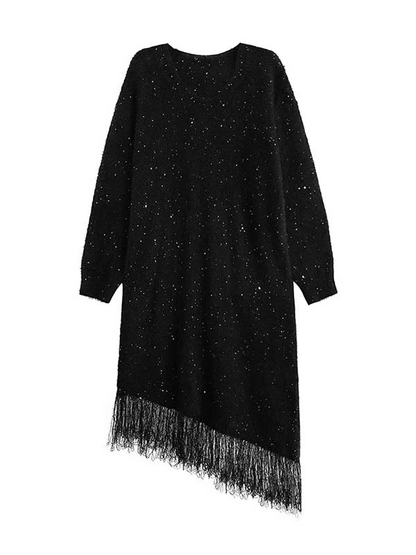 Contrast Color Sequined Shiny Split-Joint Tasseled Irregularity Long Sleeves V-Neck Sweater Dresses Midi Dresses