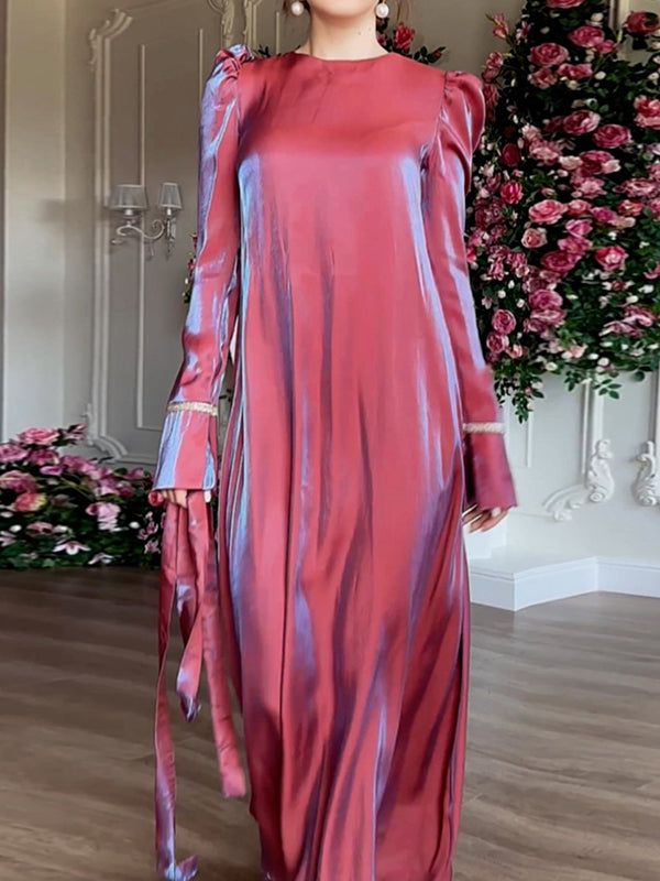 Pleated Solid Color Tied Waist Zipper A-Line Long Sleeves Round-Neck Maxi Dresses