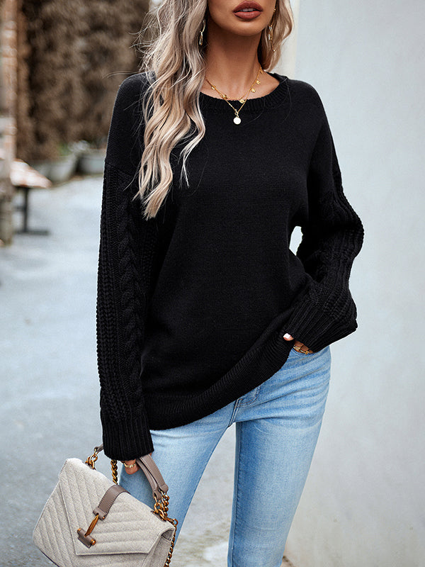 Solid Color Long Sleeves Loose Round-Neck Sweater Pullovers