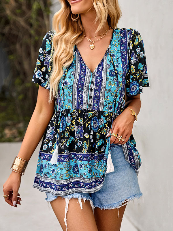 Buttoned Flower Print Split-Joint Tasseled Tied Loose Short Sleeves V-Neck T-Shirts Tops