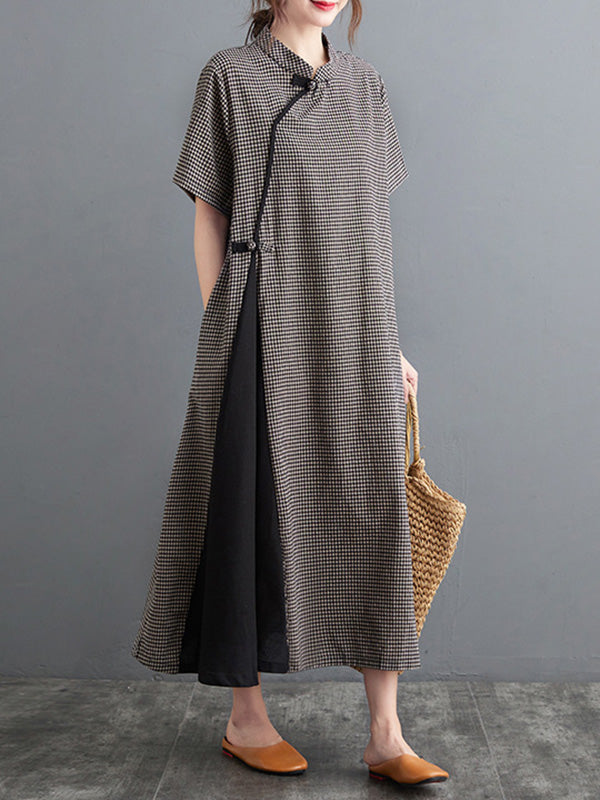 Retro Plaid Short Sleeve Stand Collar Long Cheongsams Dress