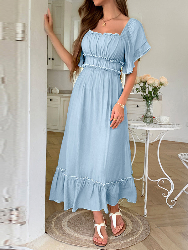 Pleated Ruffle Trim Split-Joint Zipper A-Line High Waisted Square-Neck Midi Dresses