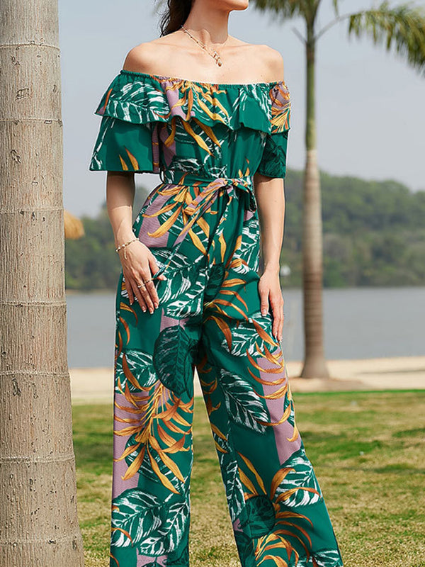 Elasticity Leaves Print Ruffled Tied Waist Half Sleeves Loose Off-The-Shoulder Jumpsuits