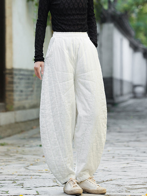 Casual Loose Keep Warm Quilted Solid Color Padded Bloomers Pants