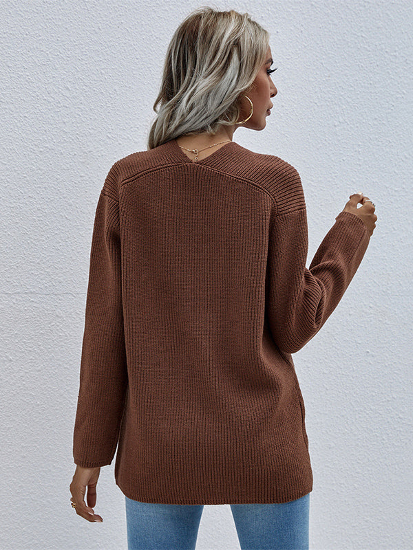 Casual Loose Solid Color V-Neck Sweater Tops