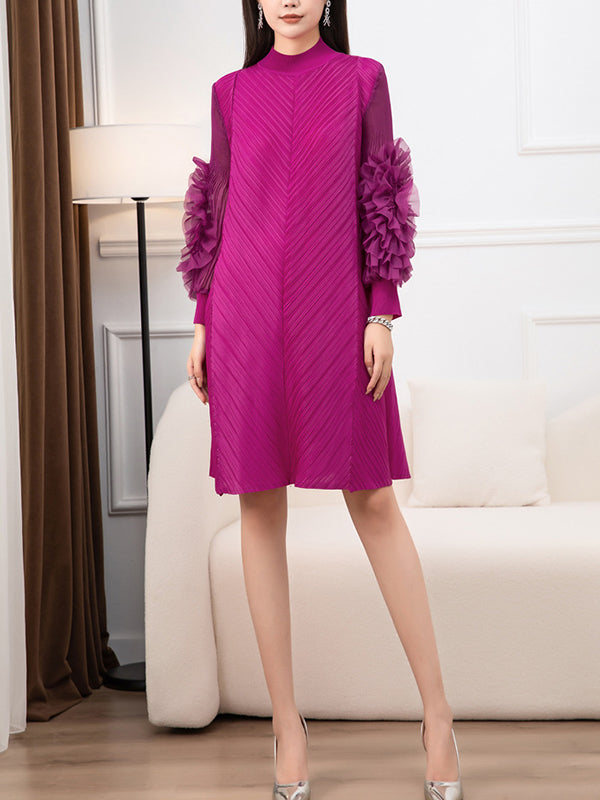 Embroidered Pleated Solid Color Long Sleeves Loose Round-neck Midi Dresses