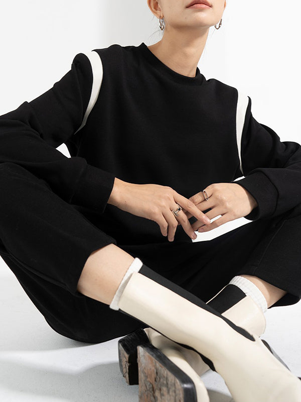Contrast Color Long Sleeves Loose Round-Neck Sweatshirt Tops
