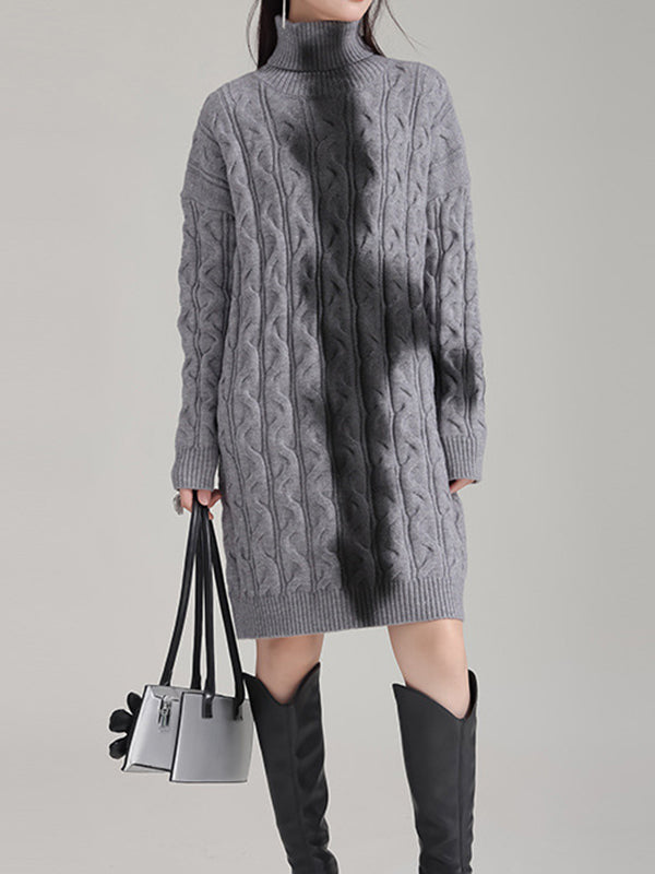 Contrast Color Long Sleeves Loose High Neck Sweater Dresses Mini Dresses