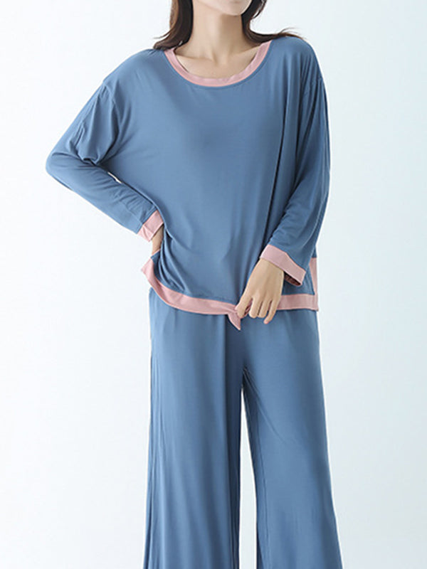 Contrast Color Long Sleeves Loose Round-neck Two Pieces Pajama Set
