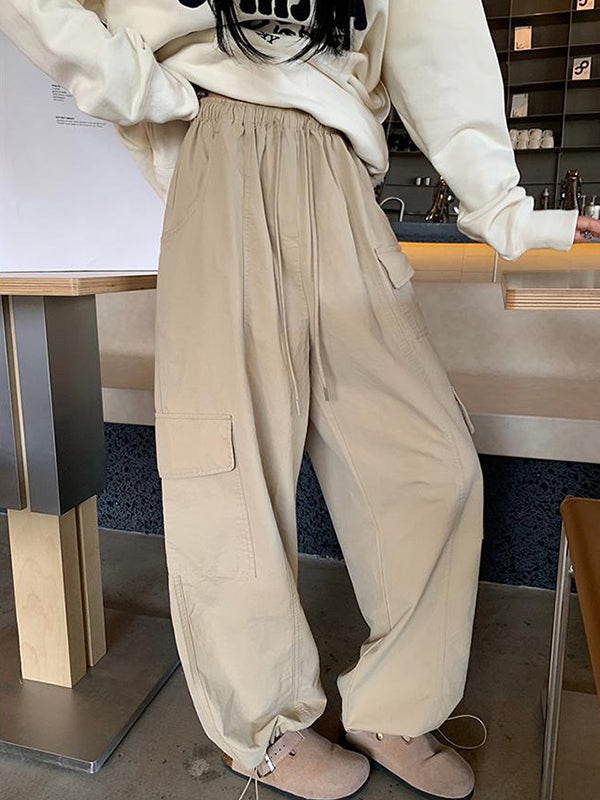 Drawstring Elasticity Pockets Solid Color Split-Joint High Waisted Loose Trousers Pants