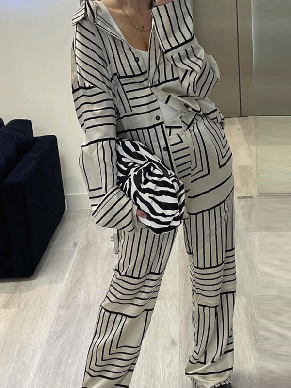 Casual Loose Printed Lapel Collar Blouses Tops & Wide Leg Pants Two Pieces Set