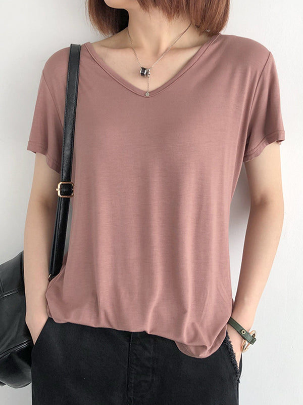 Simple Casual Solid Color V-Neck Short Sleeves T-Shirt Top