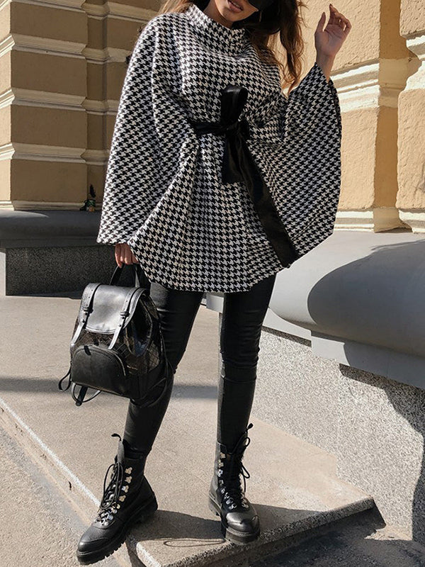 Houndstooth Tied Waist Batwing Sleeves Long Sleeves Stand Collar Outerwear Cape