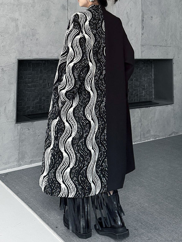 Buttoned Contrast Color Pockets Long Sleeves Loose Stand Collar Woolen Coat