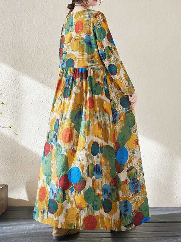 Pleated Polka-Dot Split-Joint A-Line Long Sleeves Round-Neck Maxi Dresses