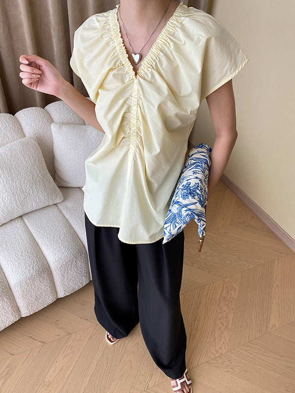 Elasticity Pleated Solid Color Split-Joint Flying Sleeves V-Neck Blouses&Shirts Tops